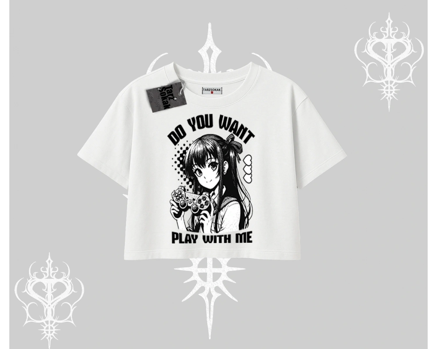 Oversize Crop Tshirt Do You Want Play With Me Anime Kız Baskılı