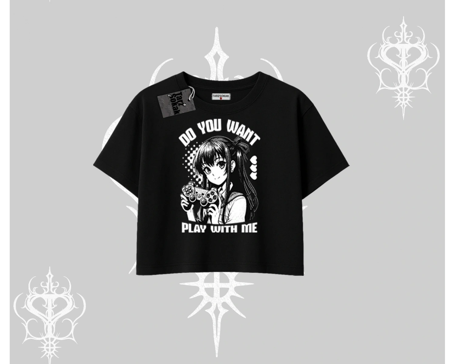 Oversize Crop Tshirt Do You Want Play With Me Anime Kız Baskılı