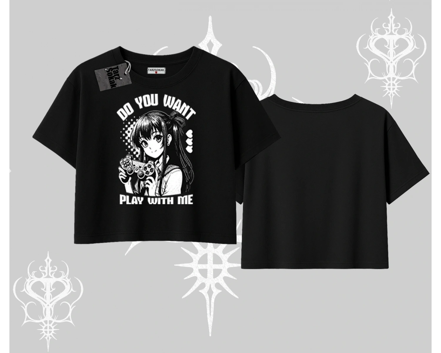 Oversize Crop Tshirt Do You Want Play With Me Anime Kız Baskılı