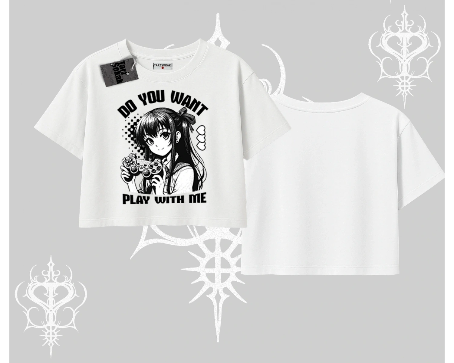 Oversize Crop Tshirt Do You Want Play With Me Anime Kız Baskılı