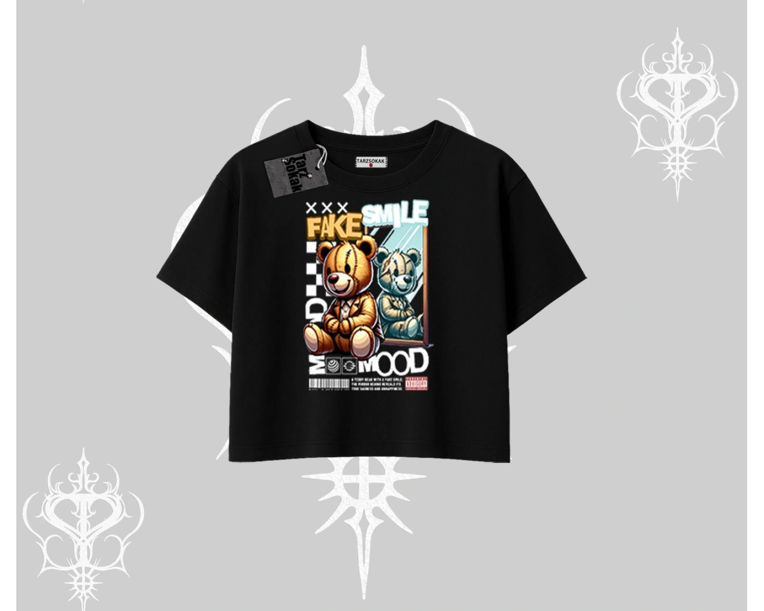 Oversize Crop Tshirt Fake Smile Mood Ayıcık Grafik Baskılı