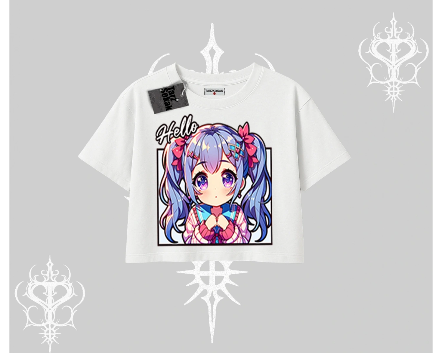 Oversize Crop Tshirt Hello Anime Kız Sevimli Karakter Baskılı