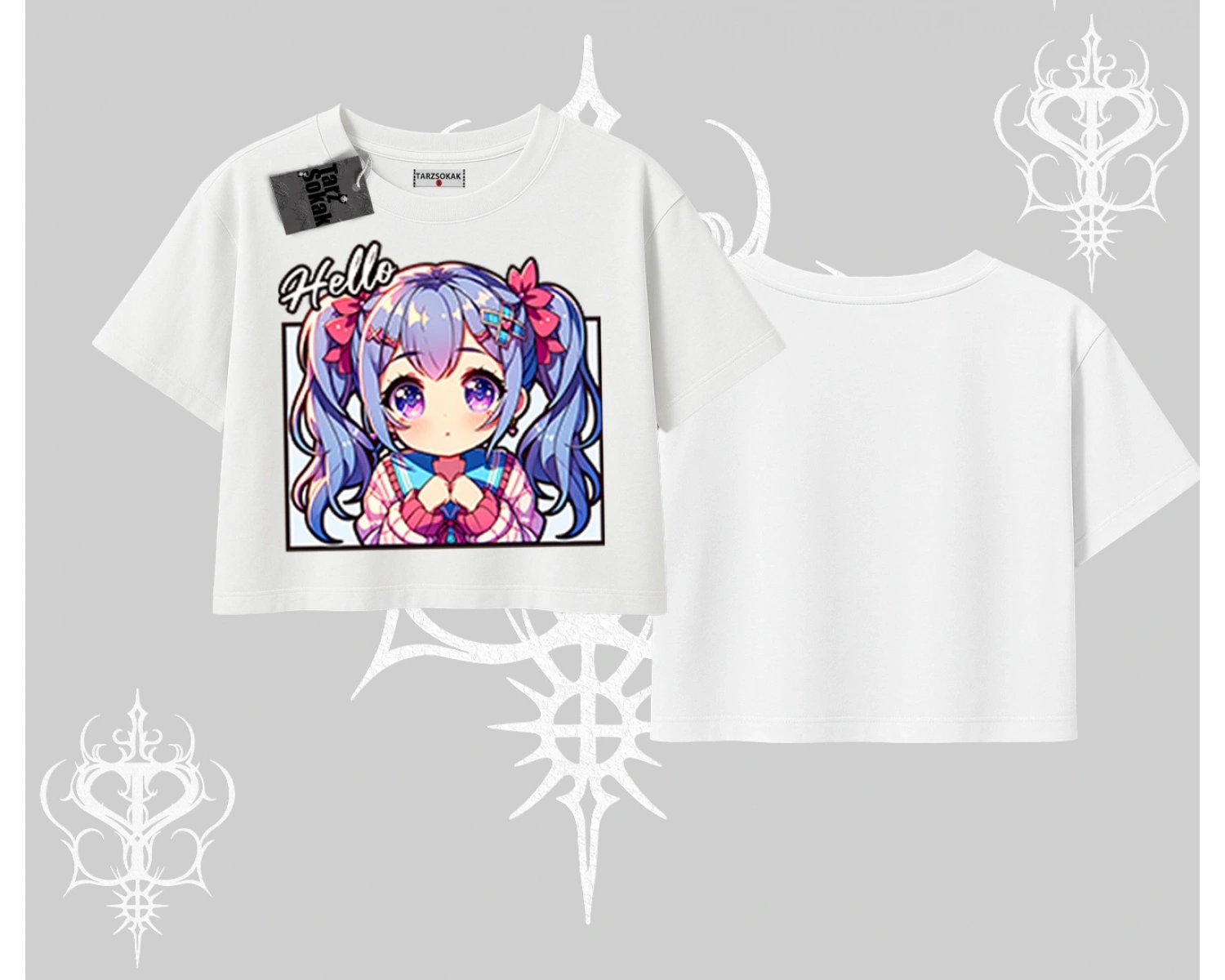 Oversize Crop Tshirt Hello Anime Kız Sevimli Karakter Baskılı