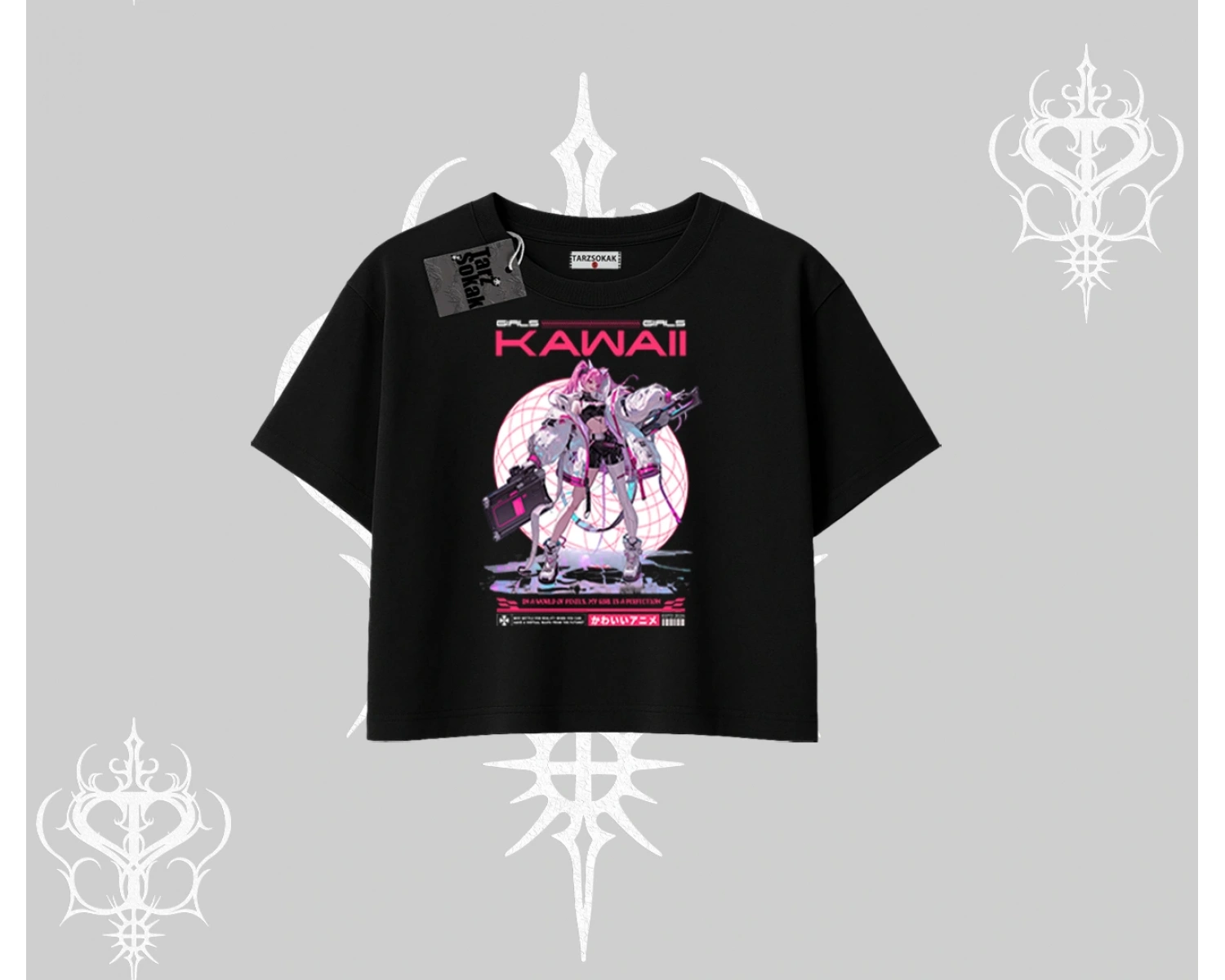 Oversize Crop Tshirt Kawaii Cyberpunk Kız Japon Stil Baskı