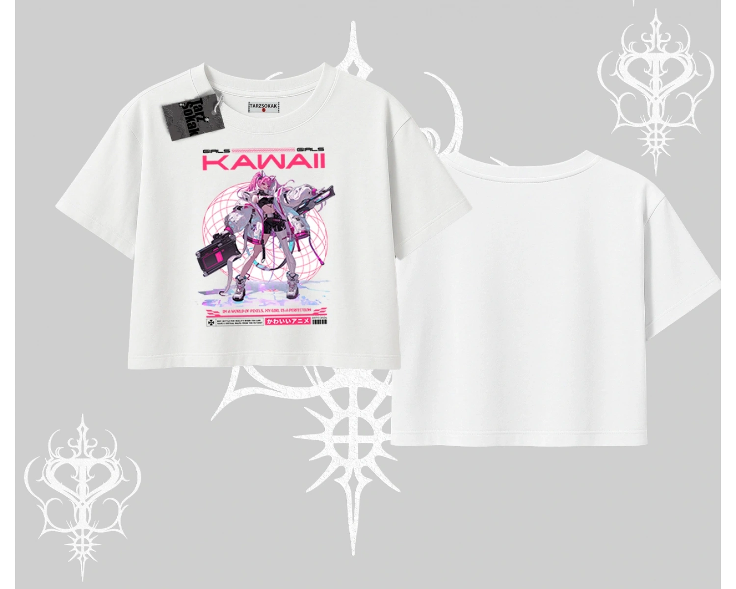 Oversize Crop Tshirt Kawaii Cyberpunk Kız Japon Stil Baskı