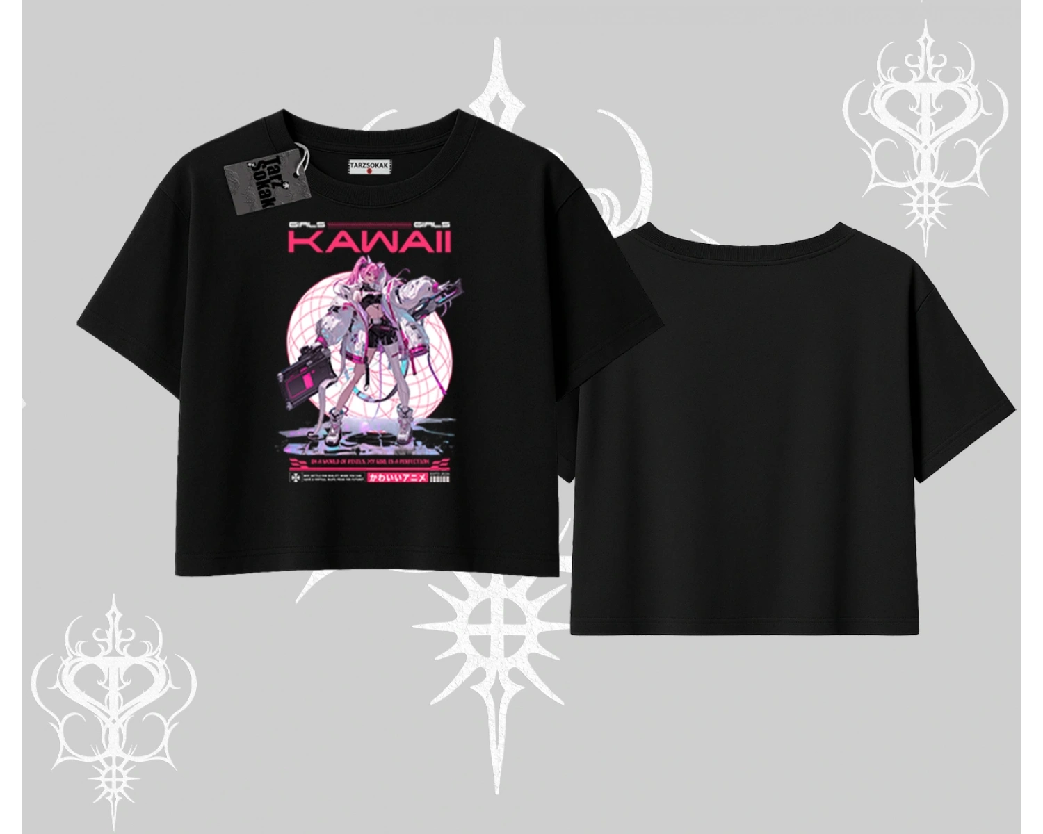 Oversize Crop Tshirt Kawaii Cyberpunk Kız Japon Stil Baskı