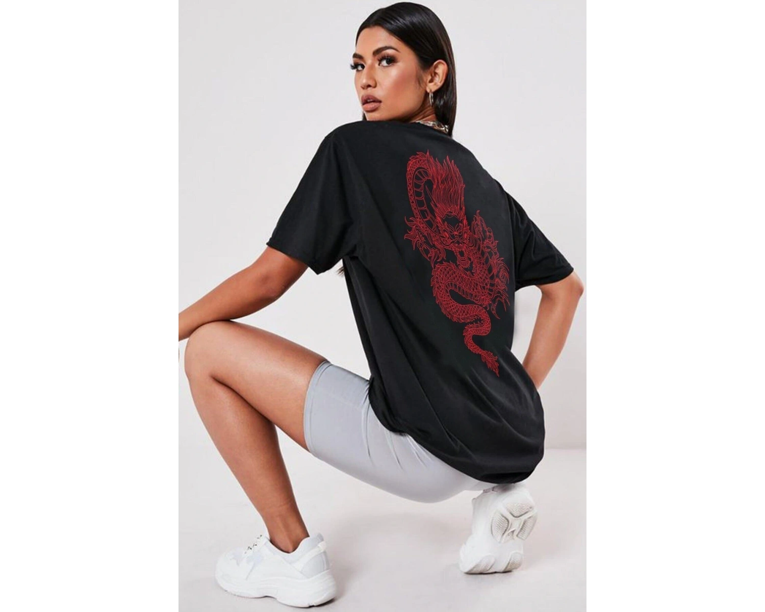 Oversize Dragon Baskılı Siyah Büyük Beden Tshirt OVRSZTSHRT12