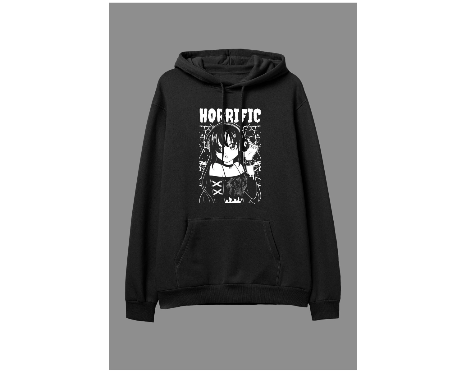 Oversize Kulaklık Genç Kız Siyah Beyaz Tasarım Baskılı Unisex Kapüşonlu Sweatshirt Hoodie