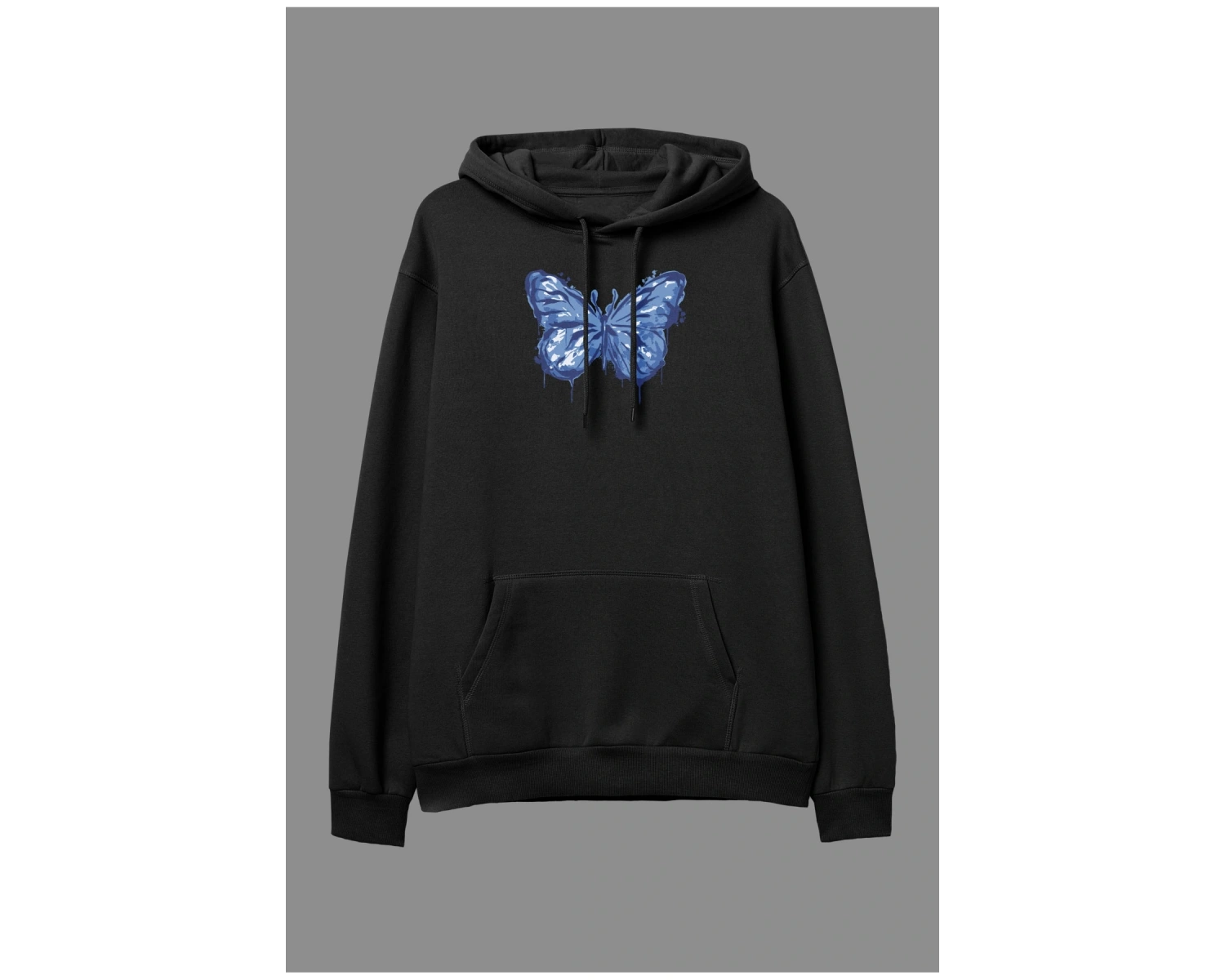 Oversize Mavi Boya Kelebek Temalı Tasarım Baskılı Unisex Kapüşonlu Sweatshirt Hoodie Beyaz