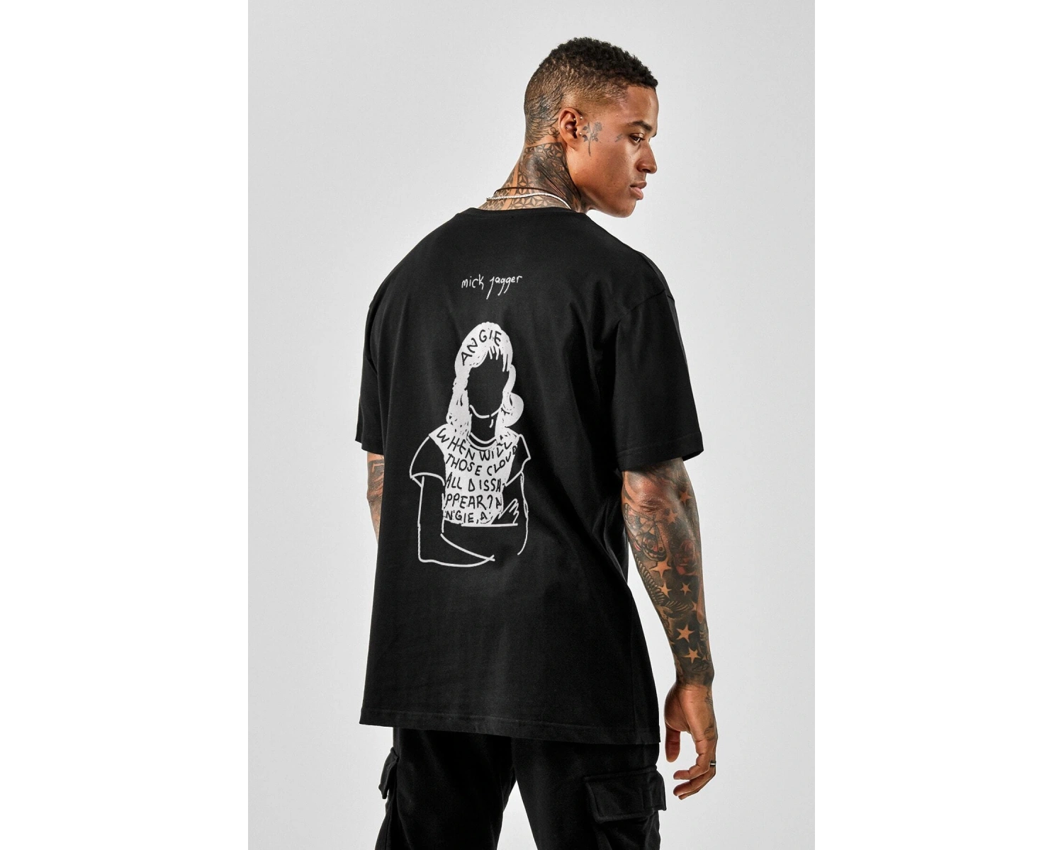 Oversize Mick Jagger Baskılı Siyah Tshirt NRAGE204