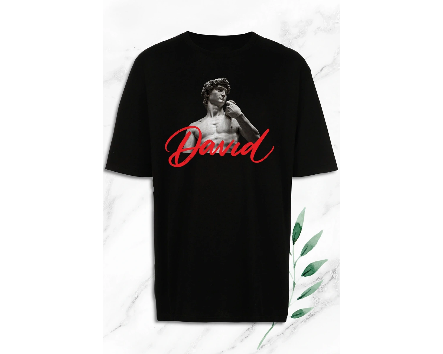 Oversize Mitoloji Davut Heykeli Baskılı Siyah Tişört