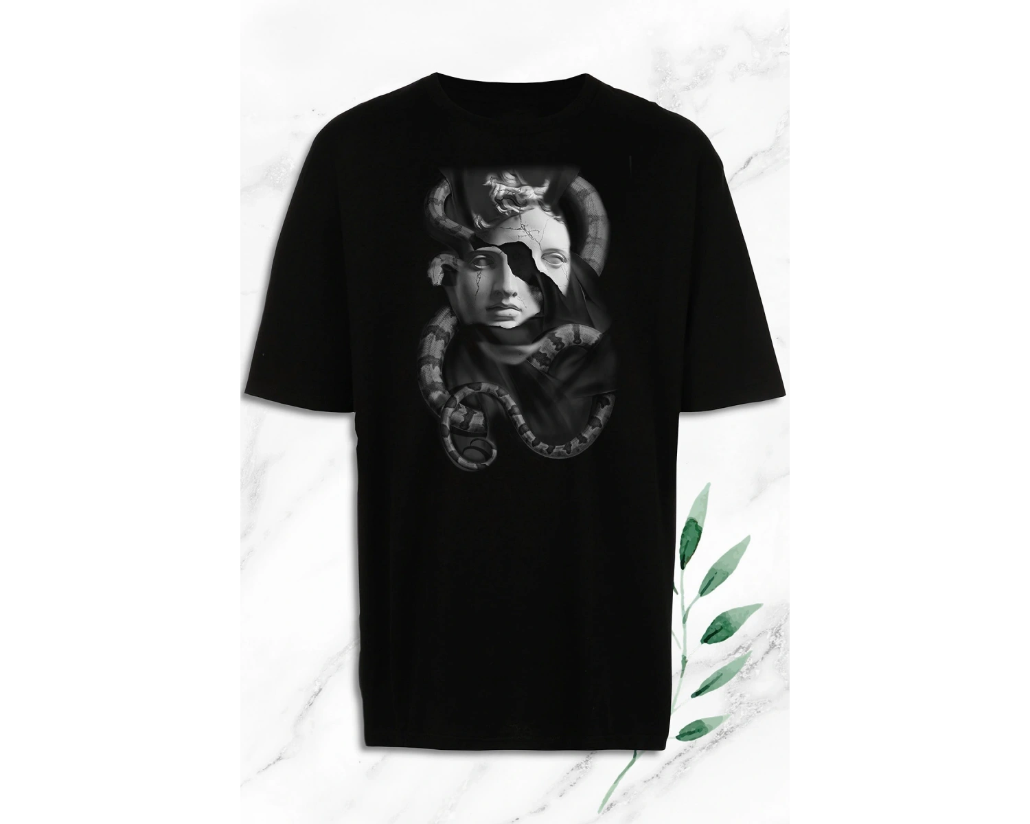 Oversize Mitoloji Trend Heykel Baskılı Beyaz Tişört