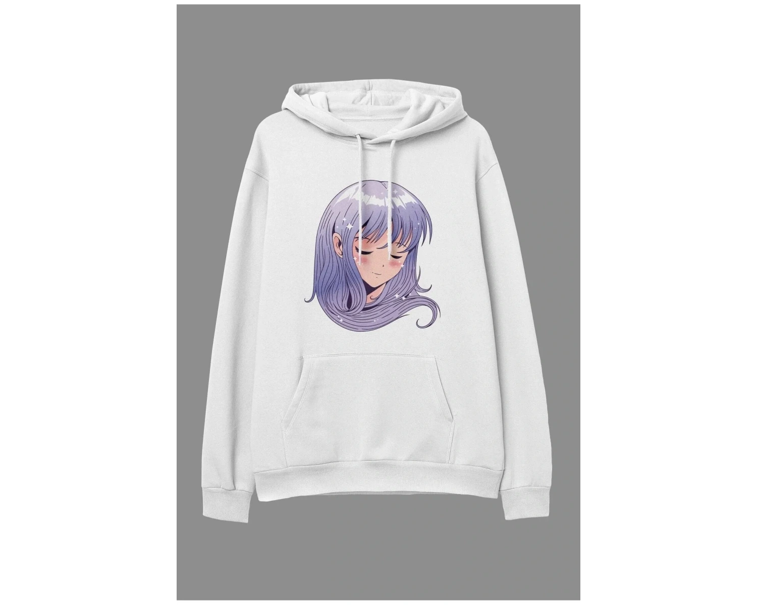 Oversize Mor Saçlı Lila Genç Kız Tasarım Baskılı Unisex Kapüşonlu Sweatshirt Hoodie Beyaz