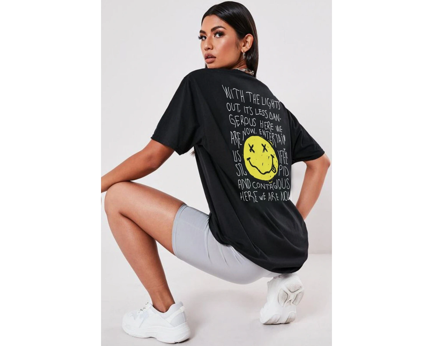 Oversize Nirvana Type Baskılı Siyah Tshirt NRAGE206