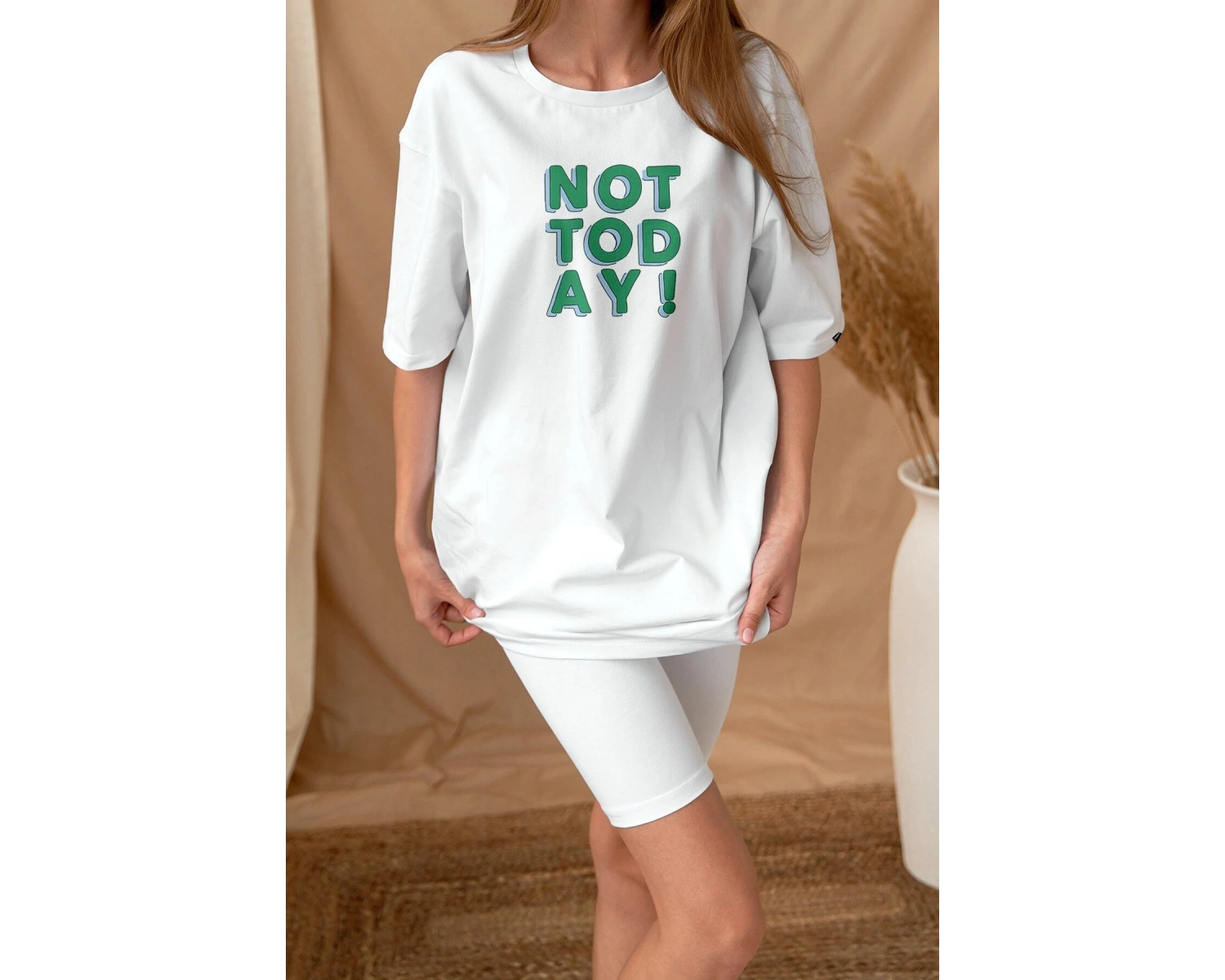 Oversize Not Today Baskılı Beyaz Tshirt NRAGE26