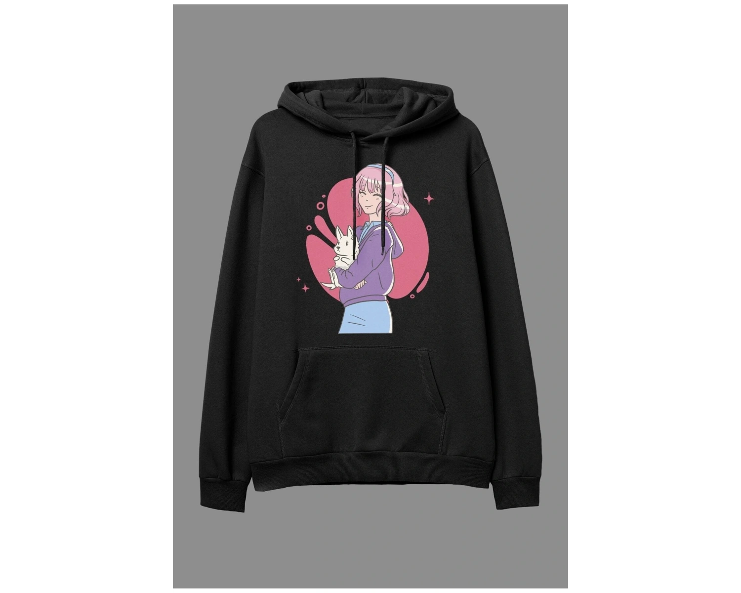 Oversize Pembe Saçlı Kız Ve Tavşan Tasarım Baskılı Unisex Kapüşonlu Sweatshirt Hoodie Beyaz