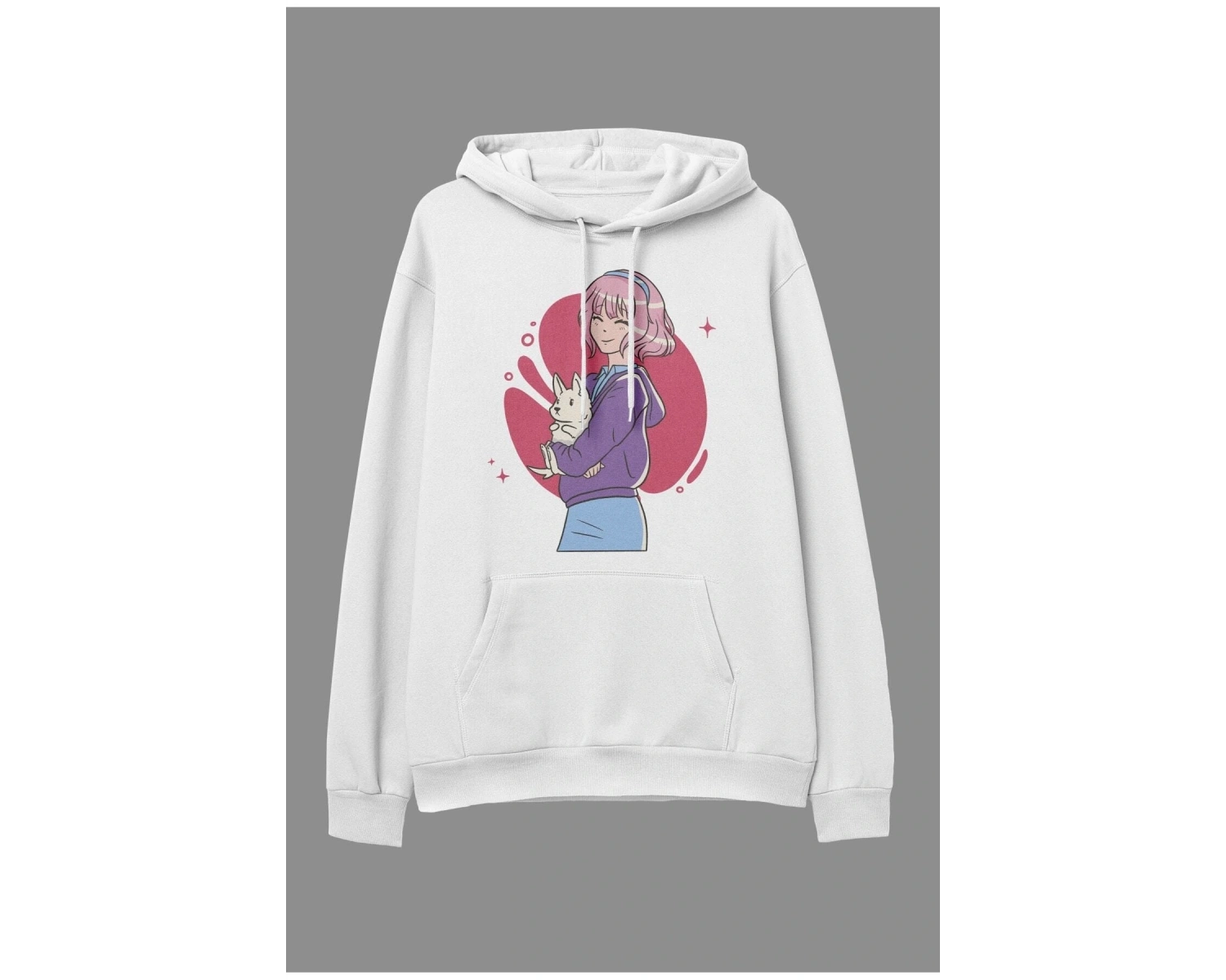 Oversize Pembe Saçlı Kız Ve Tavşan Tasarım Baskılı Unisex Kapüşonlu Sweatshirt Hoodie Beyaz