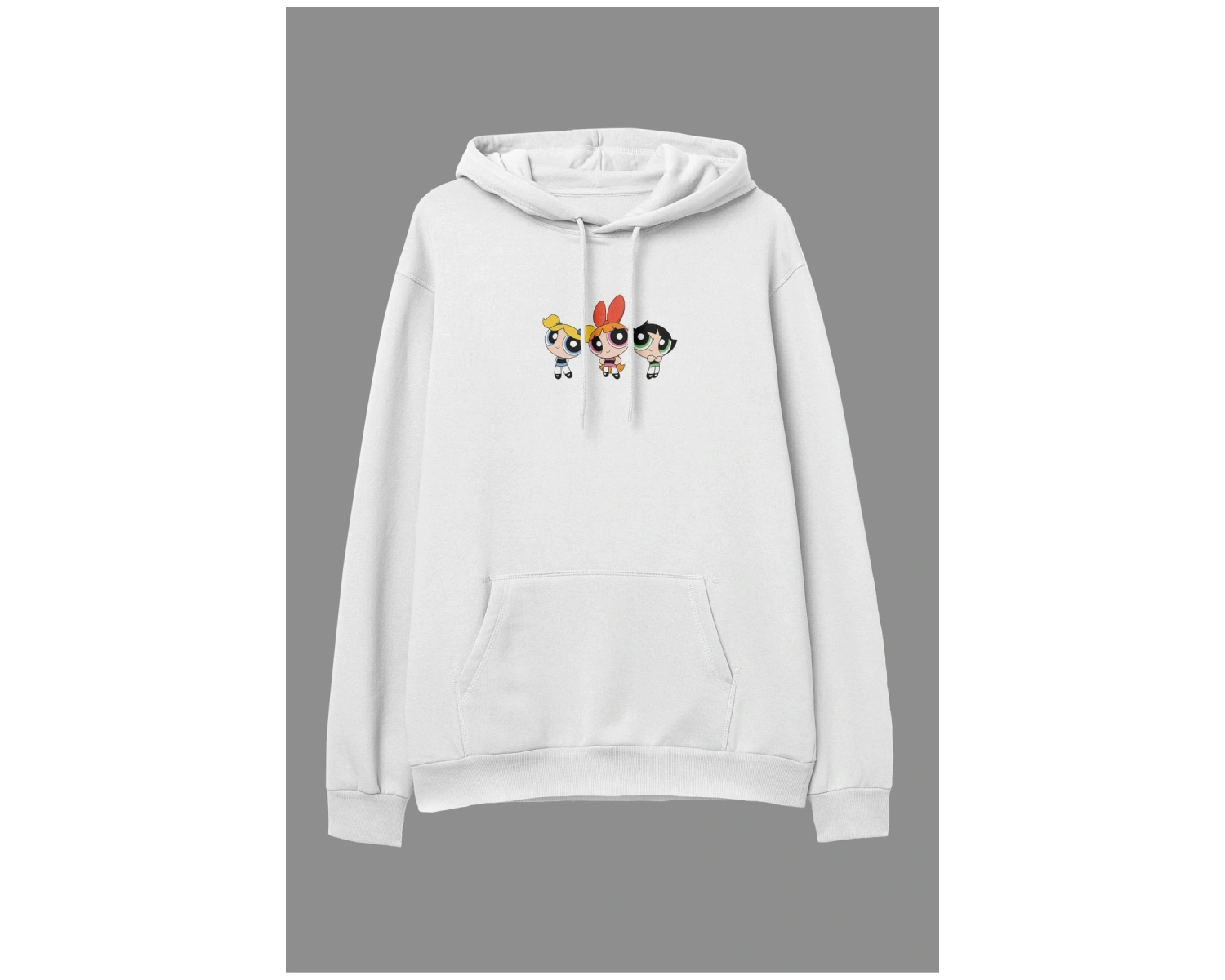 Oversize Powerpuff Girls Tasarım Baskılı Kapüşonlu Sweatshirt Hoodie Beyaz