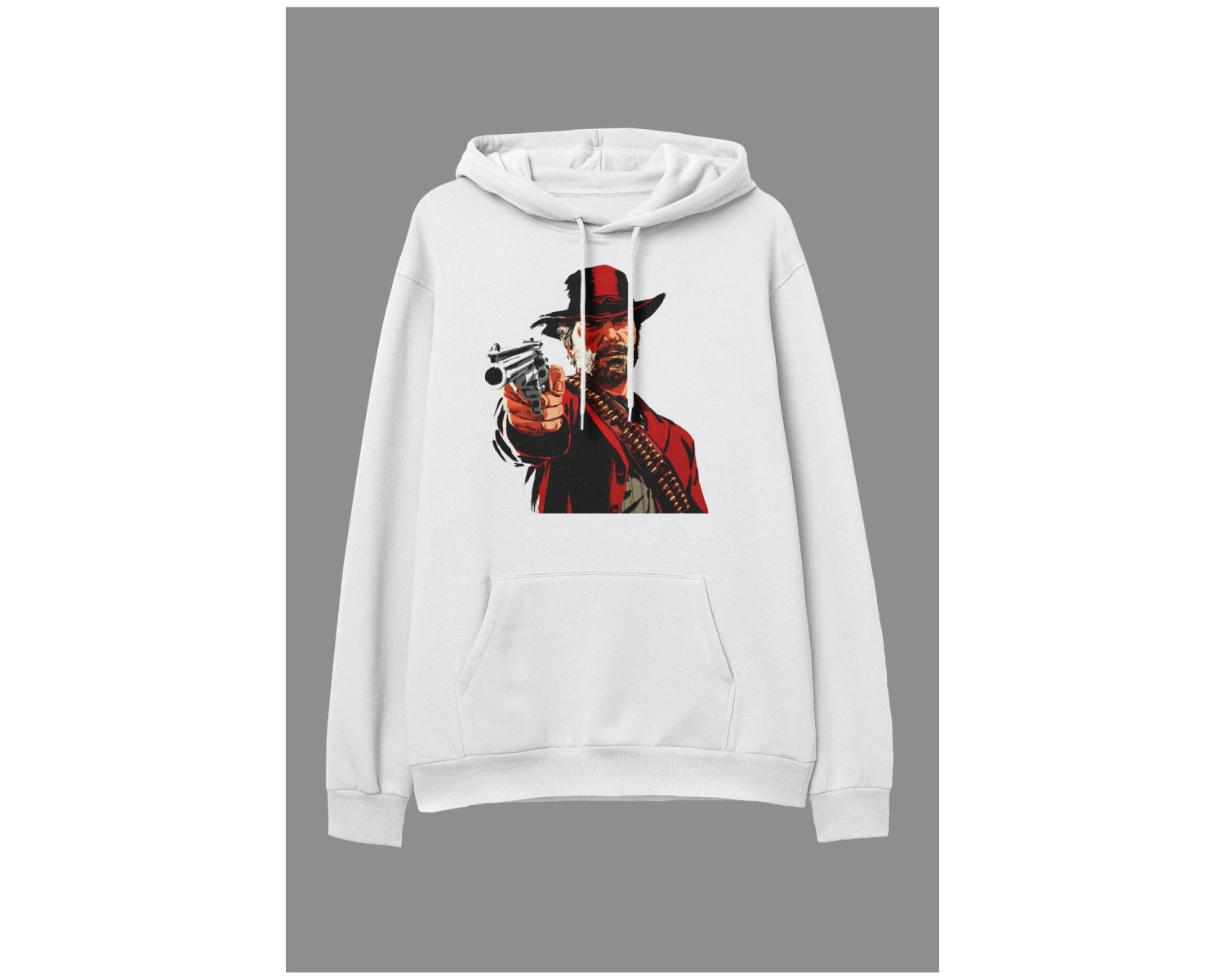 Oversize Red Dead Redemption 2 Tasarım Baskılı Kapüşonlu Sweatshirt Hoodie Beyaz