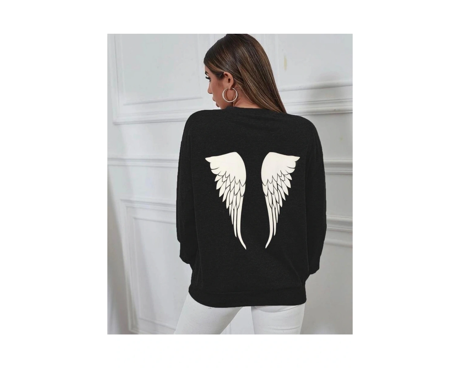 Oversıze Sıyah Angel Ön Ve Arka Baskılı 0 Yaka Kapşonsuz Pamuklu Sweatshirt Siyah