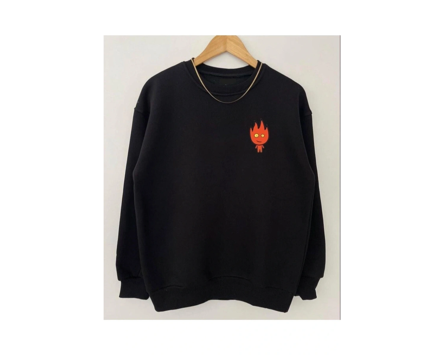 Oversıze Sıyah Ateş Su Baskılı 0 Yaka Kapşonsuz Pamuklu Sweatshirt Siyah