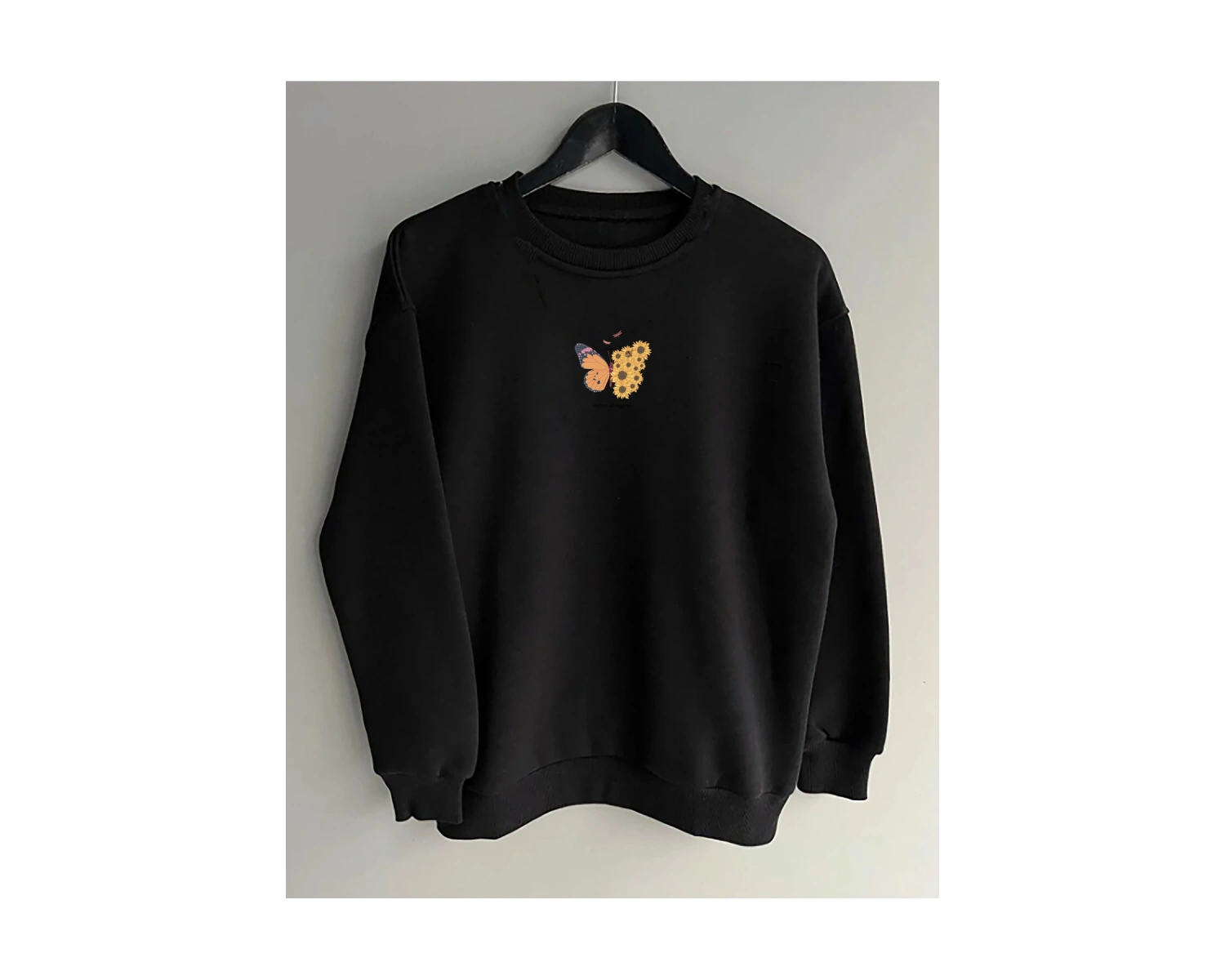 Oversıze Sıyah Ateş Su Baskılı 0 Yaka Kapşonsuz Pamuklu Sweatshirt Siyah