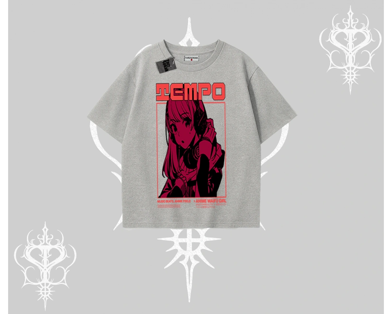 Oversize Tshirt Anime Waifu Kırmızı Grafik Desenli