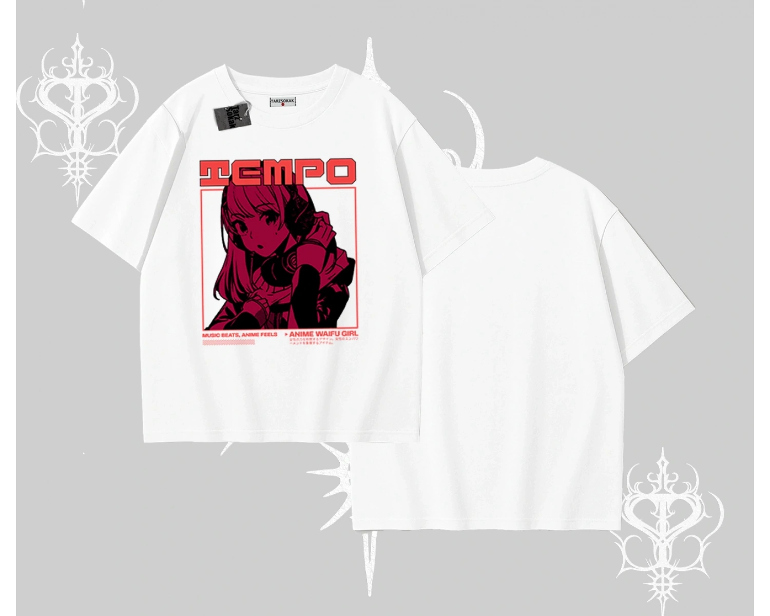 Oversize Tshirt Anime Waifu Kırmızı Grafik Desenli