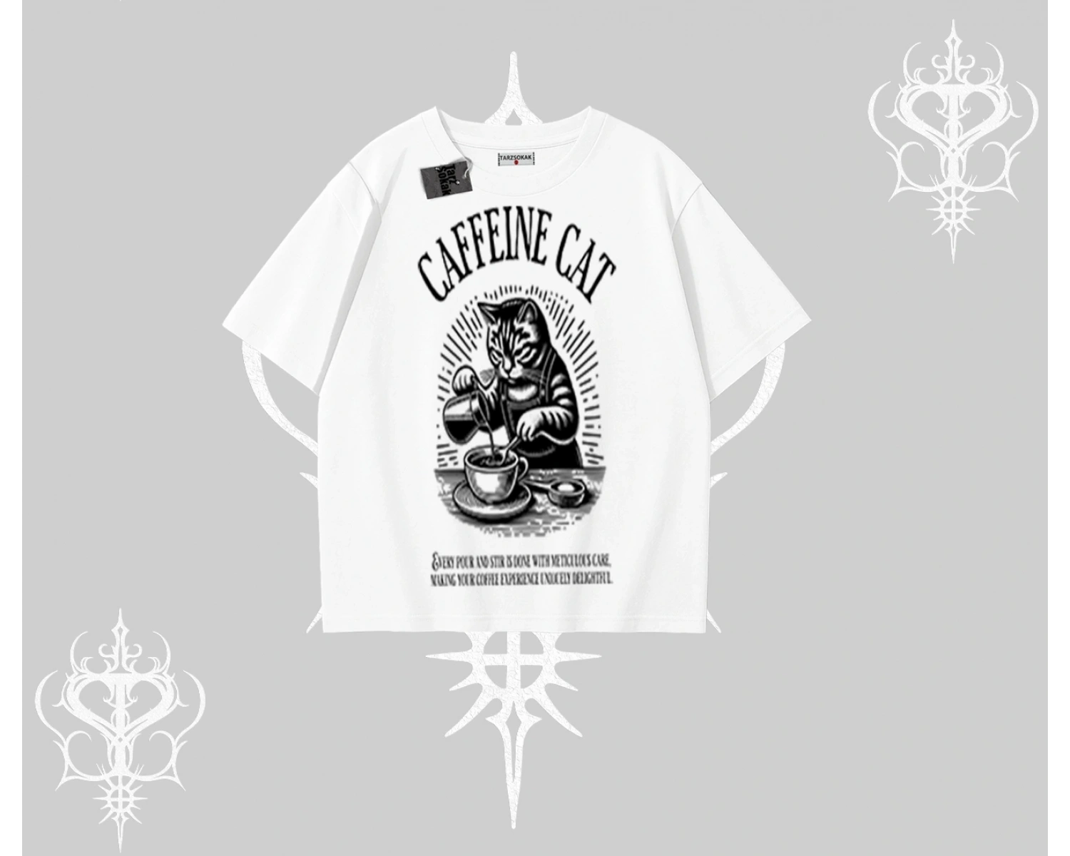 Oversize Tshirt Caffeine Cat Kahve Temalı Kedi Baskılı