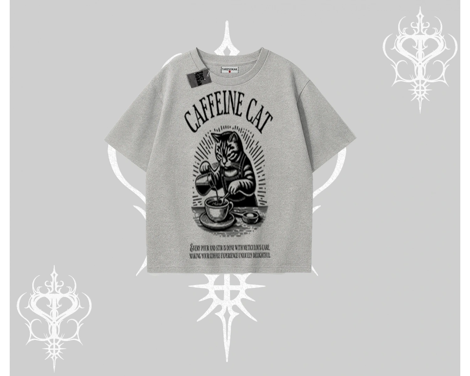 Oversize Tshirt Caffeine Cat Kahve Temalı Kedi Baskılı