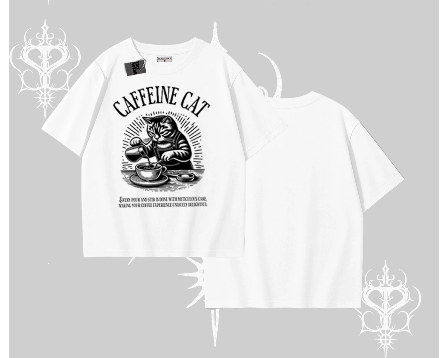 Oversize Tshirt Caffeine Cat Kahve Temalı Kedi Baskılı