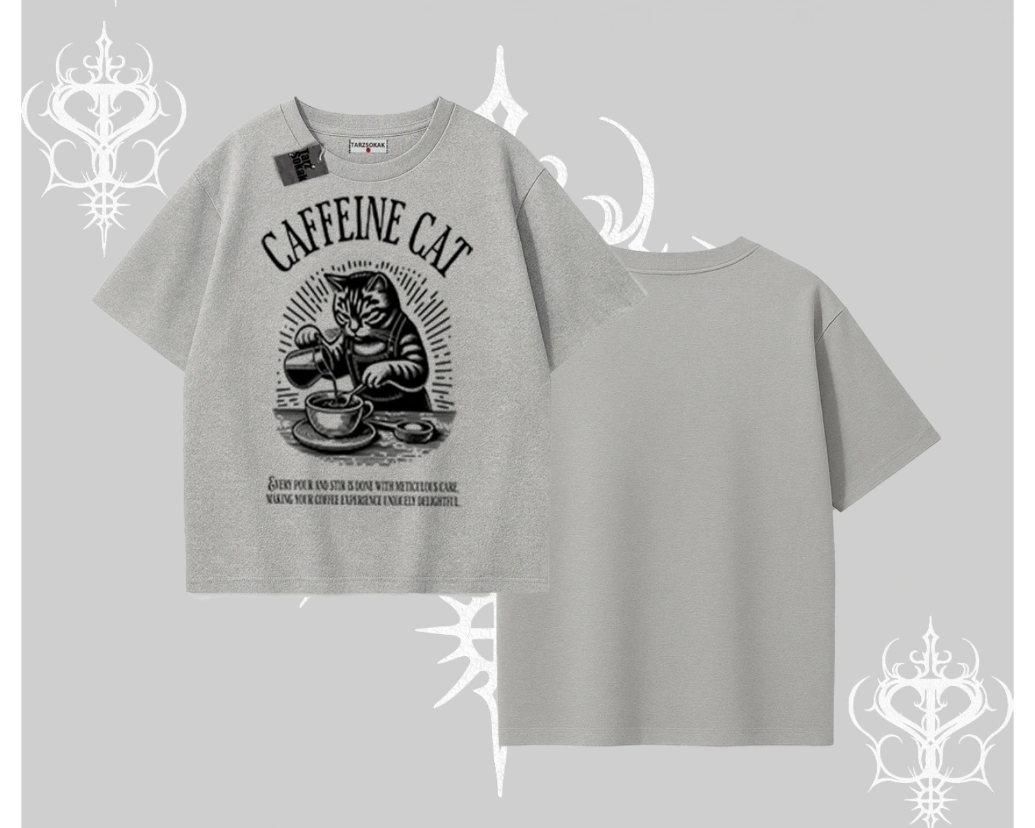 Oversize Tshirt Caffeine Cat Kahve Temalı Kedi Baskılı