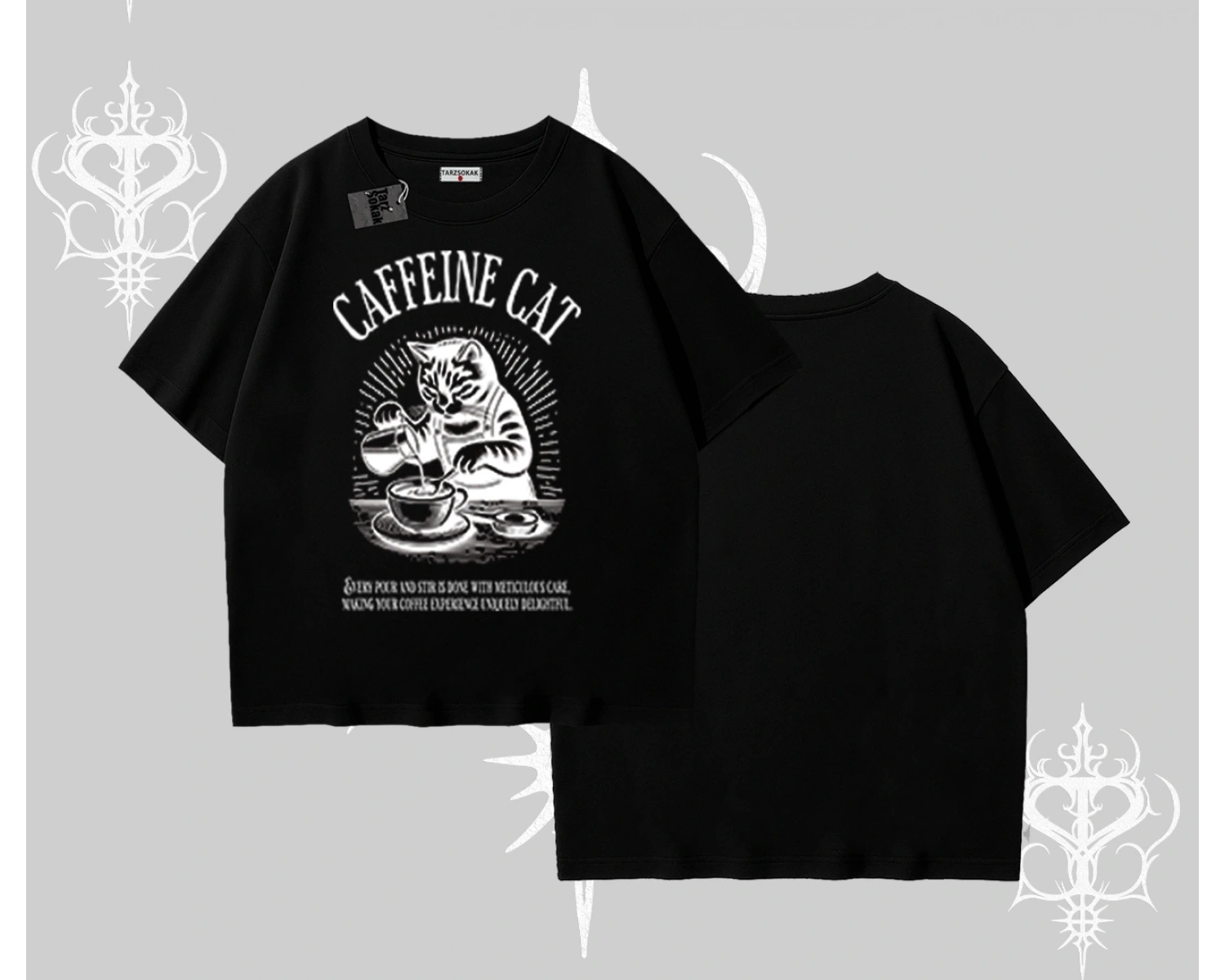 Oversize Tshirt Caffeine Cat Kahve Temalı Kedi Baskılı