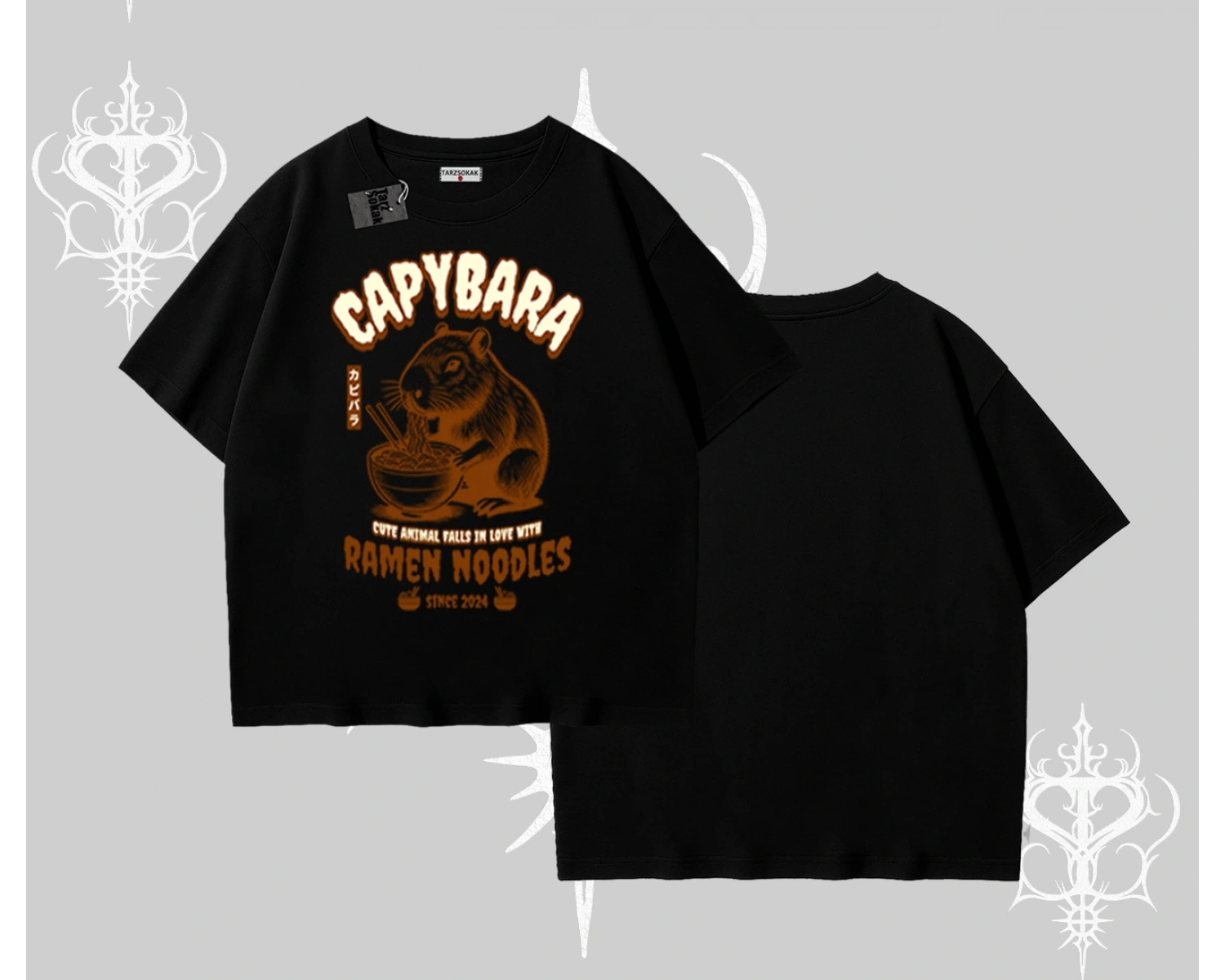 Oversize Tshirt Cute Capybara Enjoying Ramen Noodles Artwork