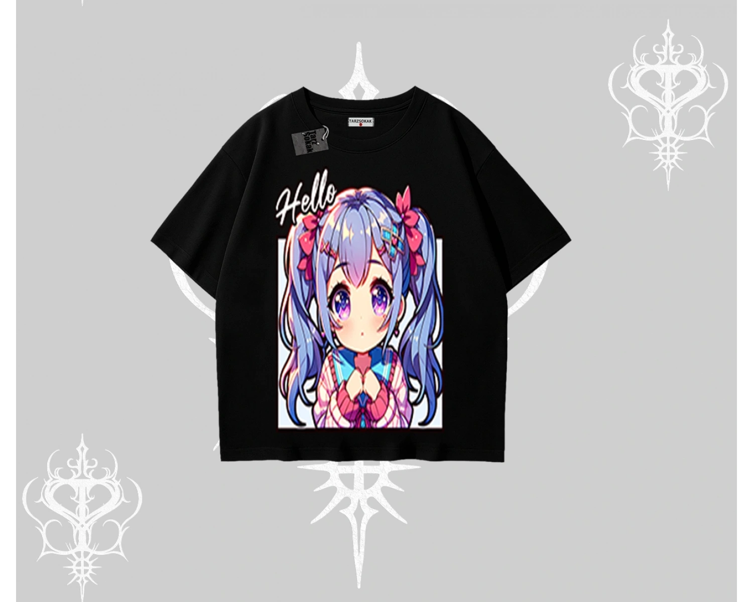 Oversize Tshirt Hello Anime Kız Sevimli Karakter Baskılı