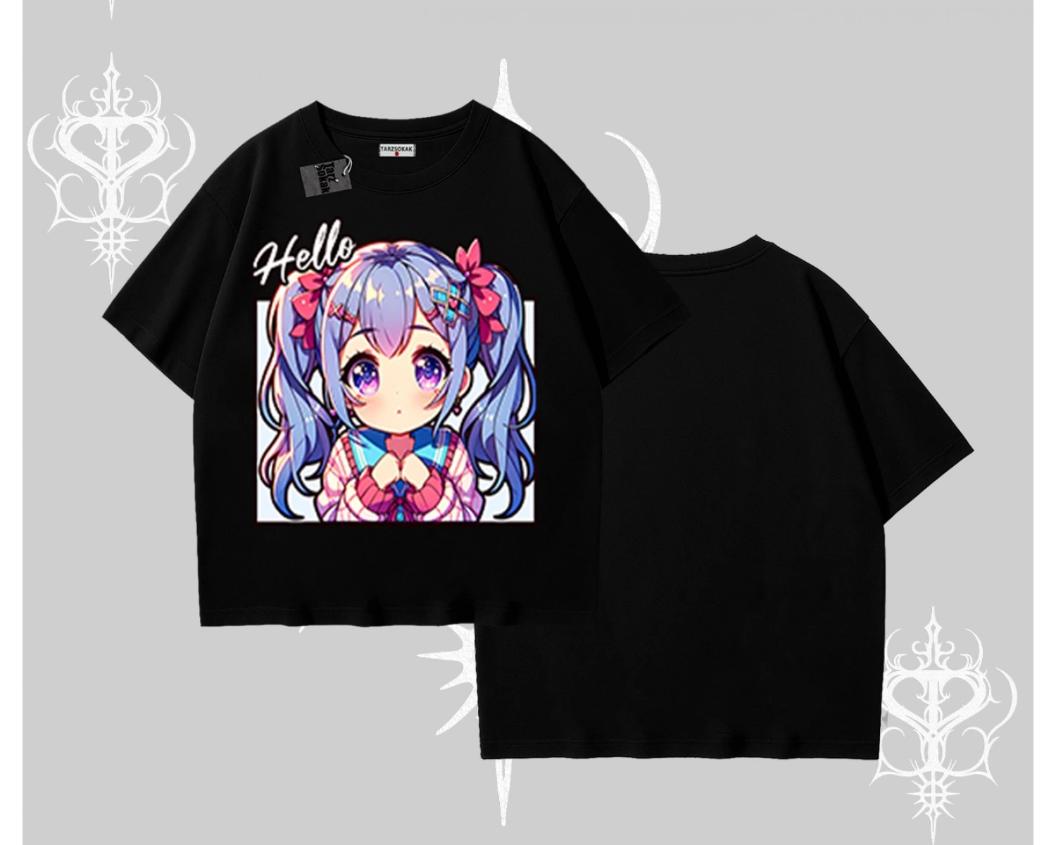Oversize Tshirt Hello Anime Kız Sevimli Karakter Baskılı