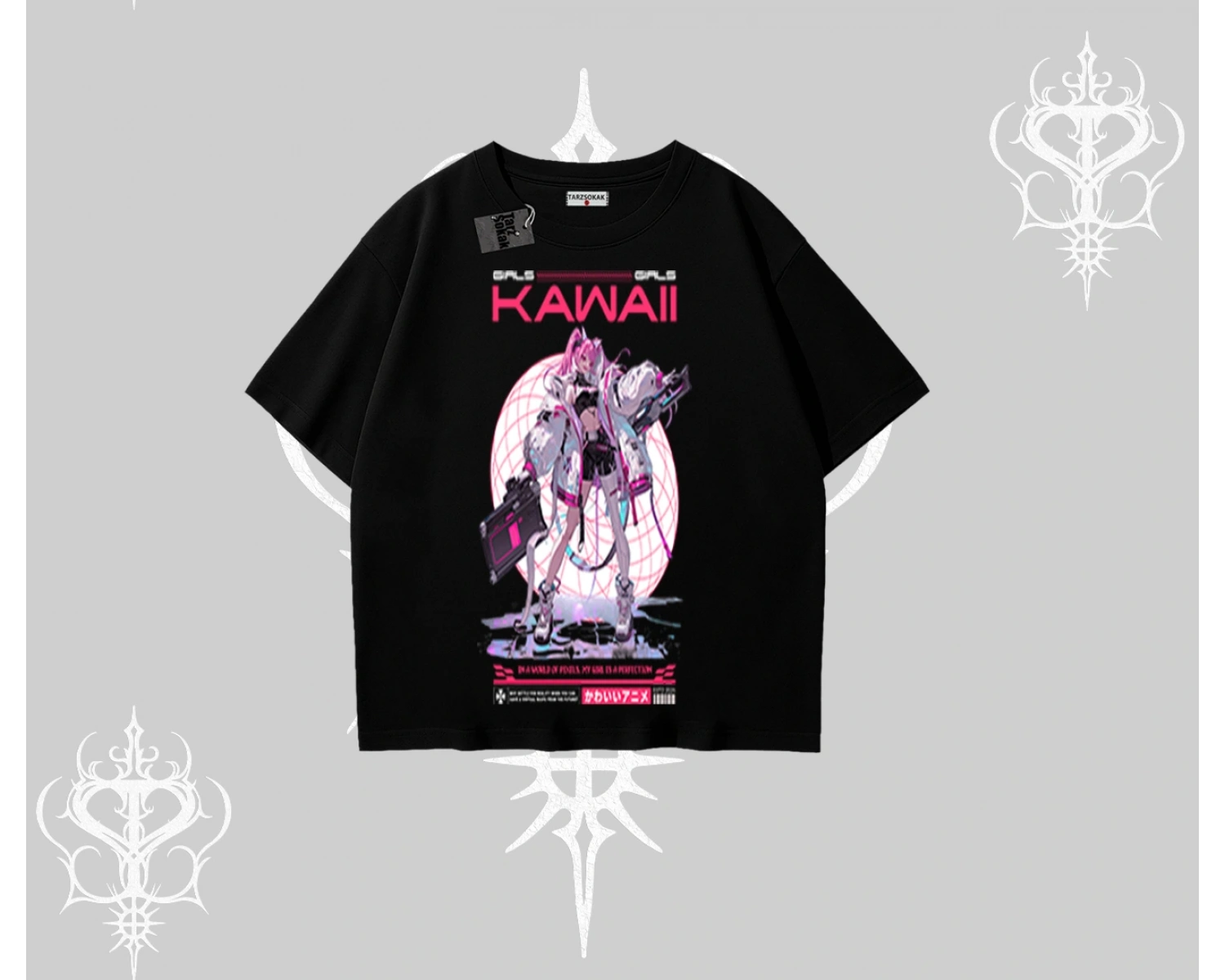 Oversize Tshirt Kawaii Cyberpunk Kız Japon Stil Baskı