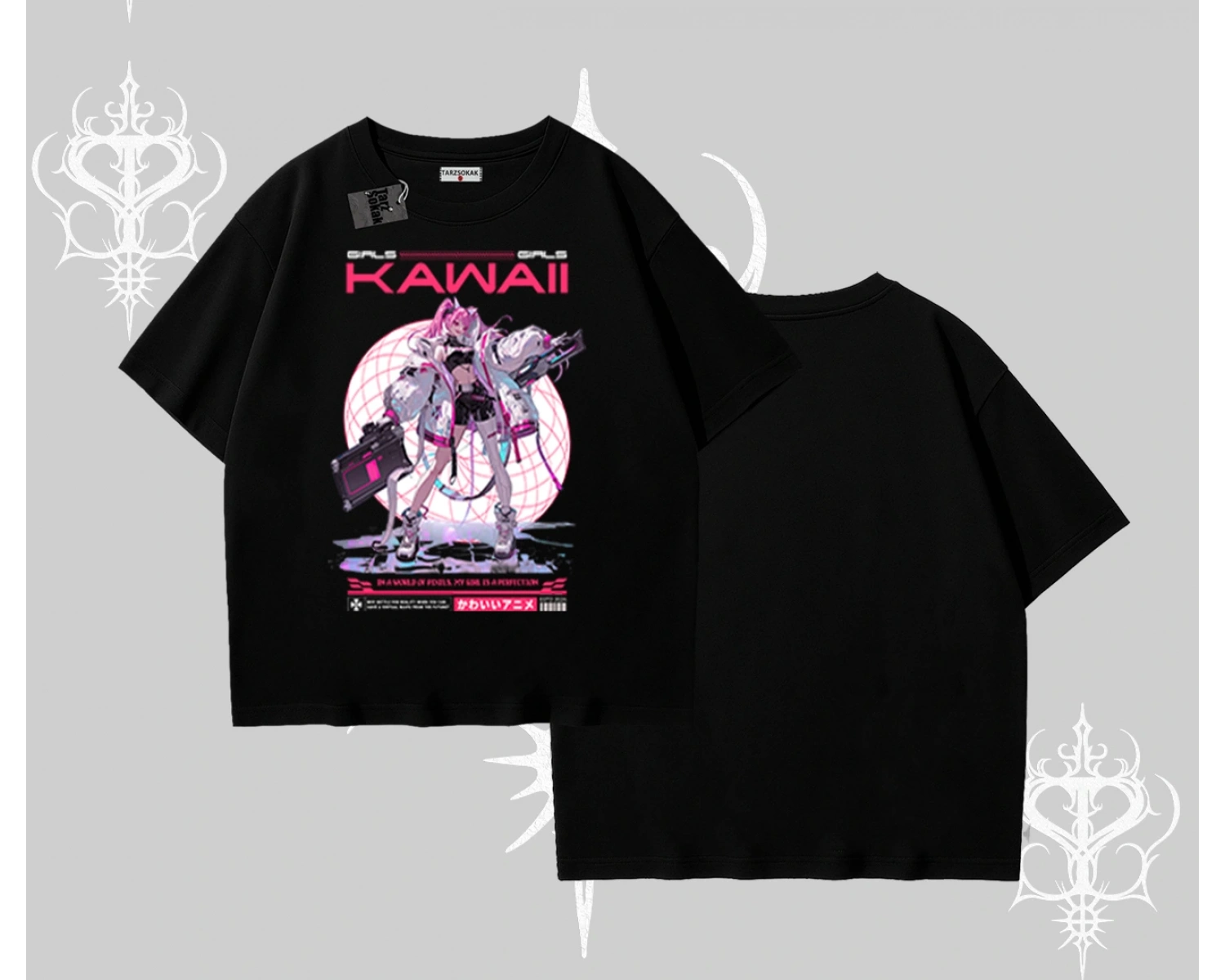 Oversize Tshirt Kawaii Cyberpunk Kız Japon Stil Baskı