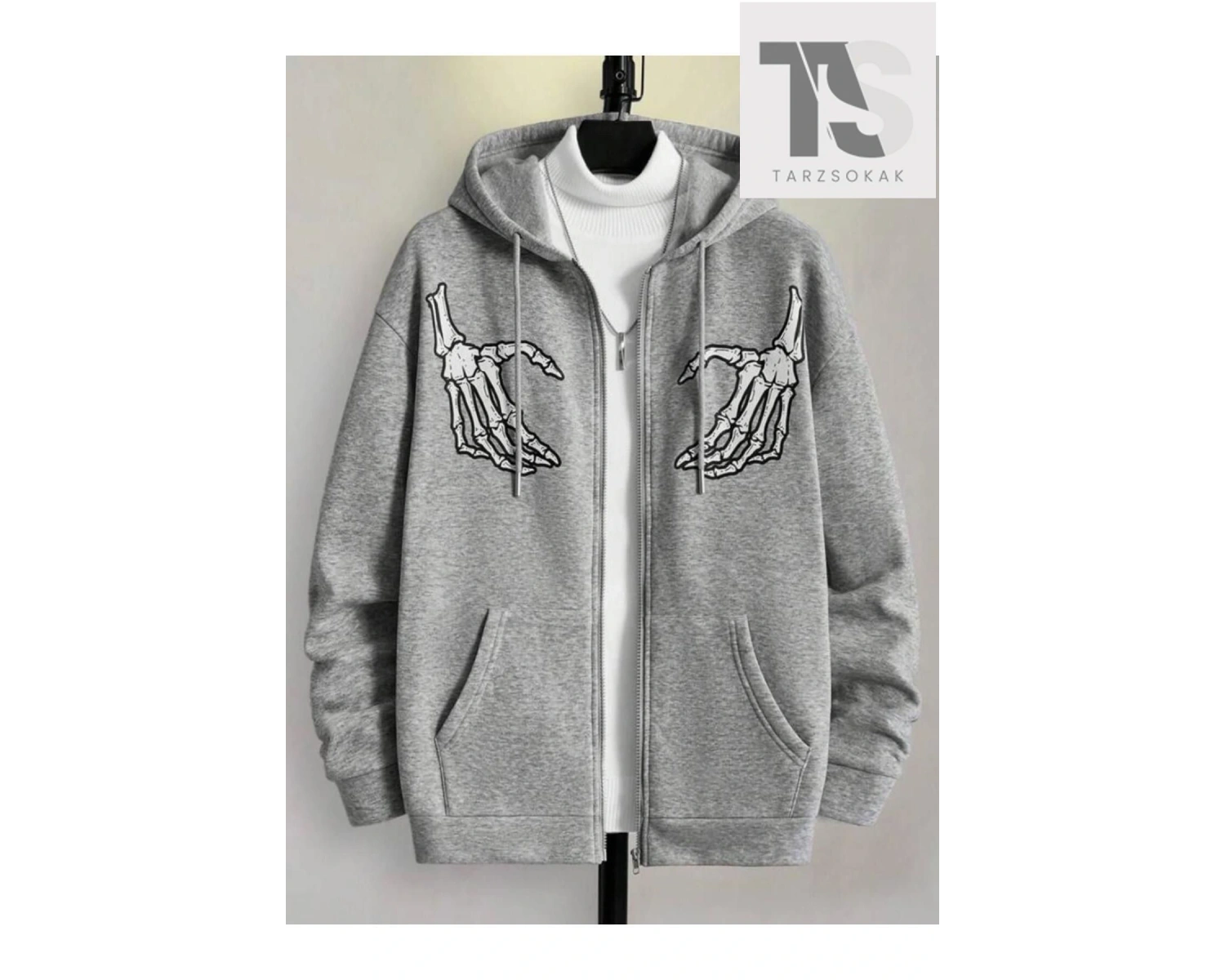 Oversize Unisex Gri İskelet Baskılı