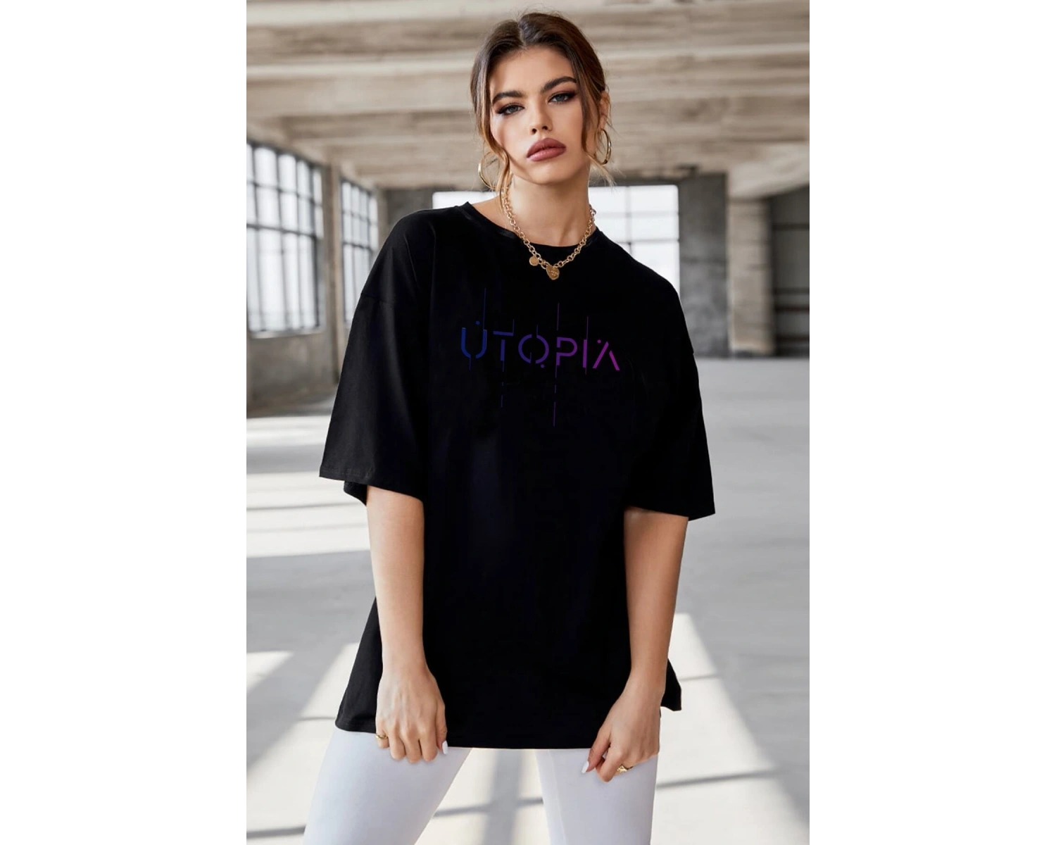 Oversize Utopia Baskılı Siyah Tshirt NRAGE159