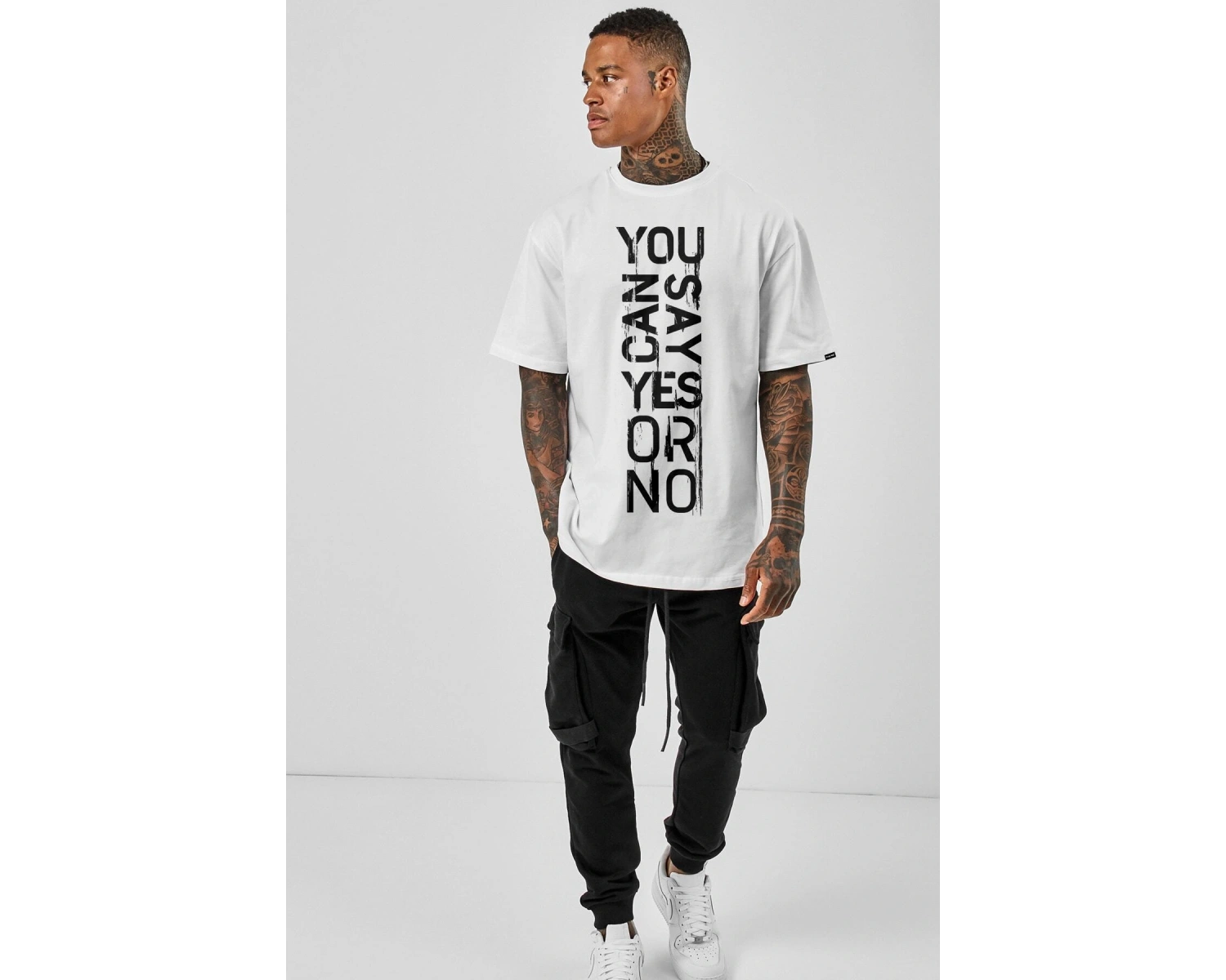 Oversize Yes Or No Baskılı Beyaz Tshirt NRAGE168