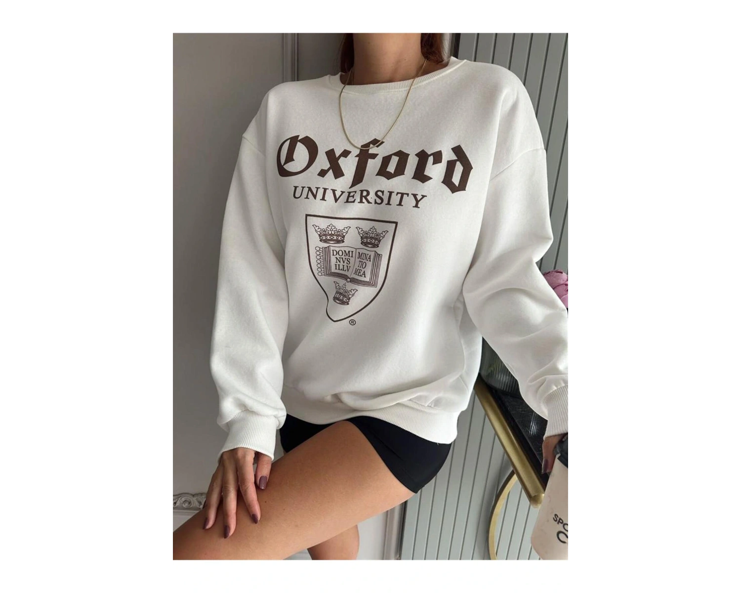 OXFORD Renkli Oversize Bisiklet Yaka Pamuklu Sweatshirt Beyaz