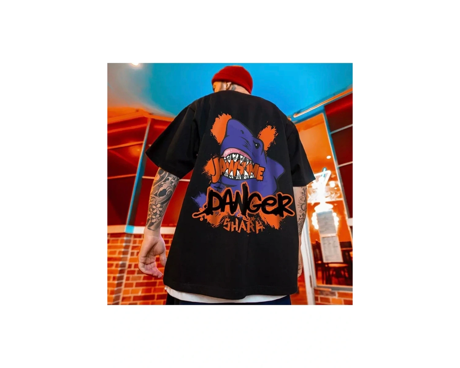 Özel Tasarım Danger Shark Sırt Baskılı %100 Pamuk Sokak Stili Hip Hop Erkek T-shırt