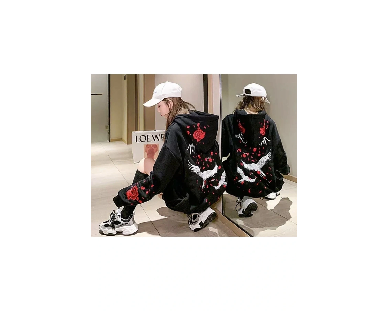 Özel Tasarım Kapüşonlu Fermuarlı Red Rose Baskılı Süper Oversize Kadın Ceket-sweats Beyaz