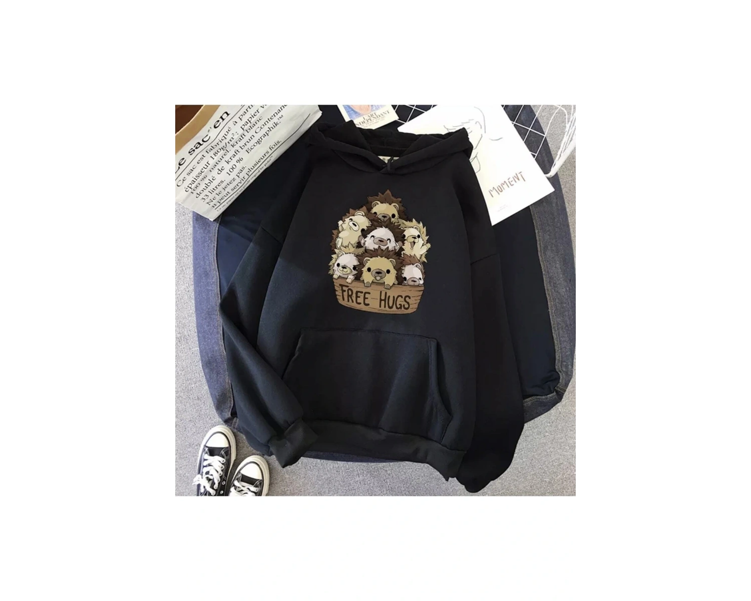 Özel Tasarım Kapüşonlu Free Hugs Sepette Kirpiler Baskılı Süper Oversize Kadın Swea Gri