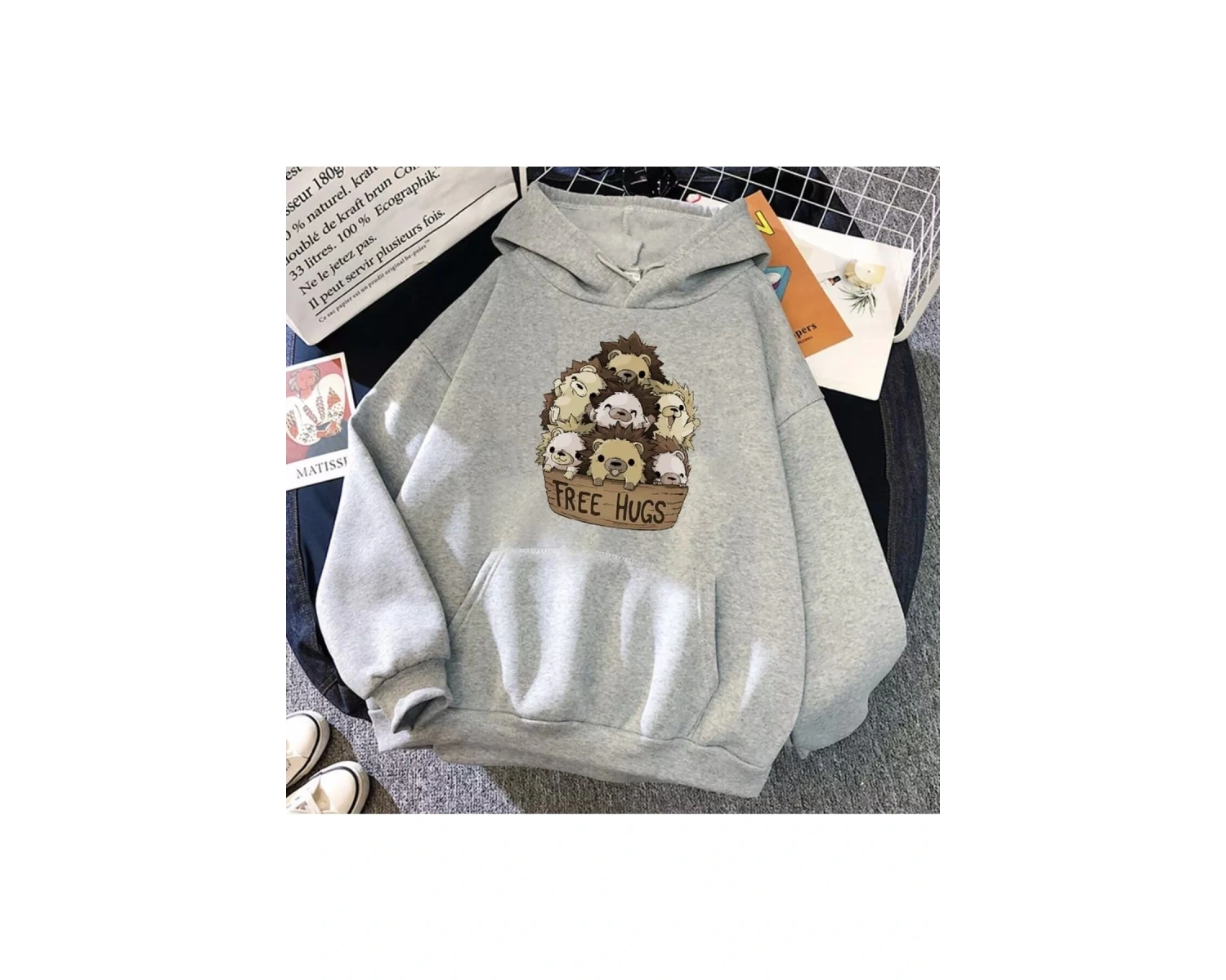 Özel Tasarım Kapüşonlu Free Hugs Sepette Kirpiler Baskılı Süper Oversize Kadın Swea Gri