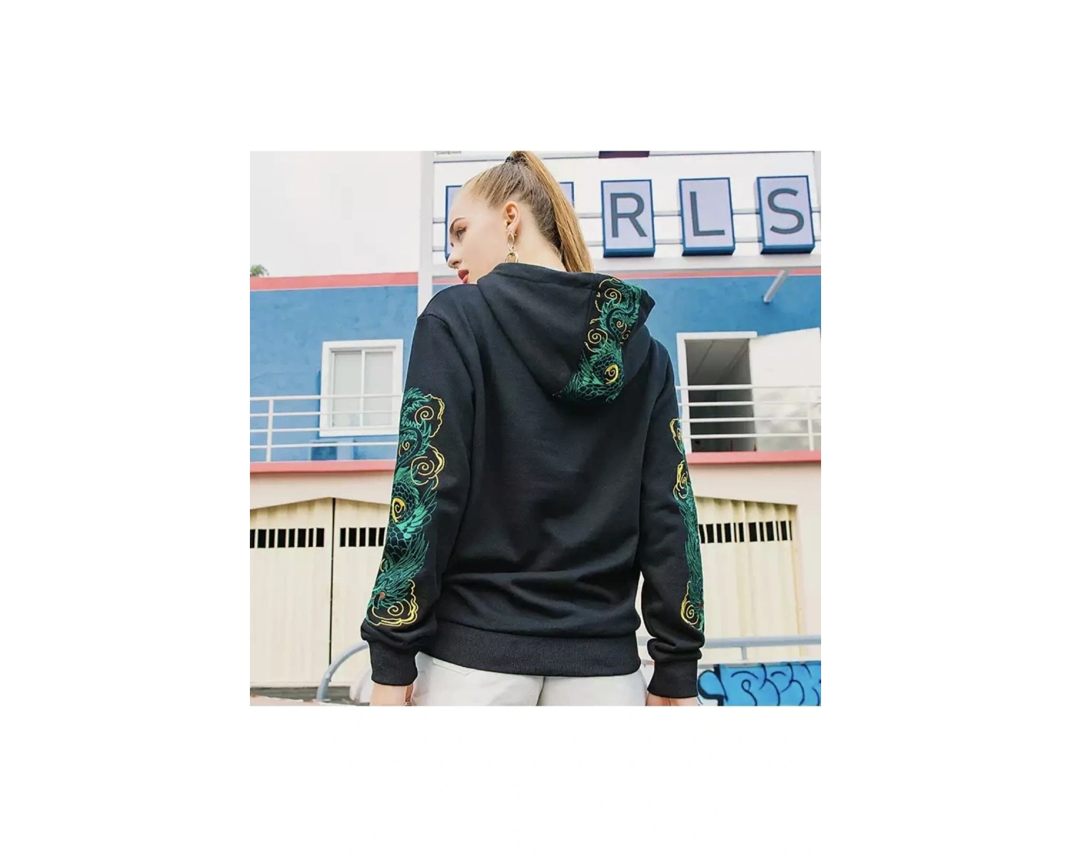 Özel Tasarım Kapüşonlu Japon Zümrüt Ejderha Baskılı Oversize Kadın Hoodie-sweatshır Siyah