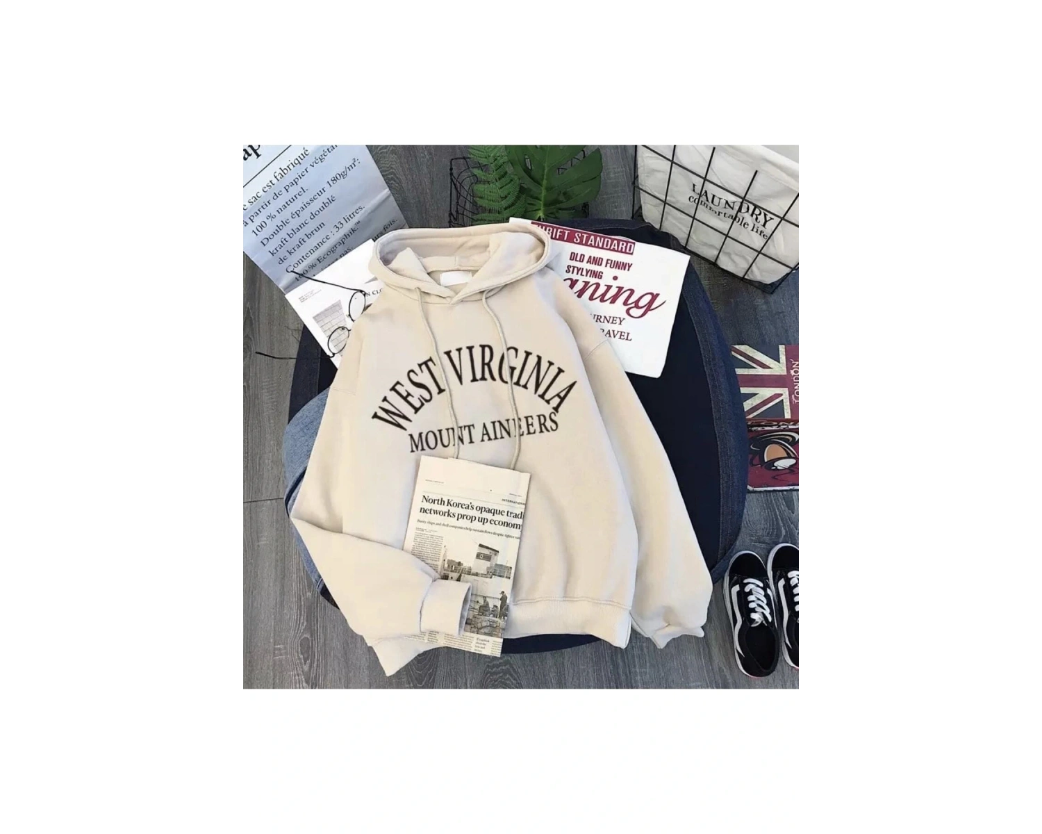 Özel Tasarım Kapüşonlu West Virginia Baskılı Tam Kışlık Süper Oversize Kadın Sweats Gri