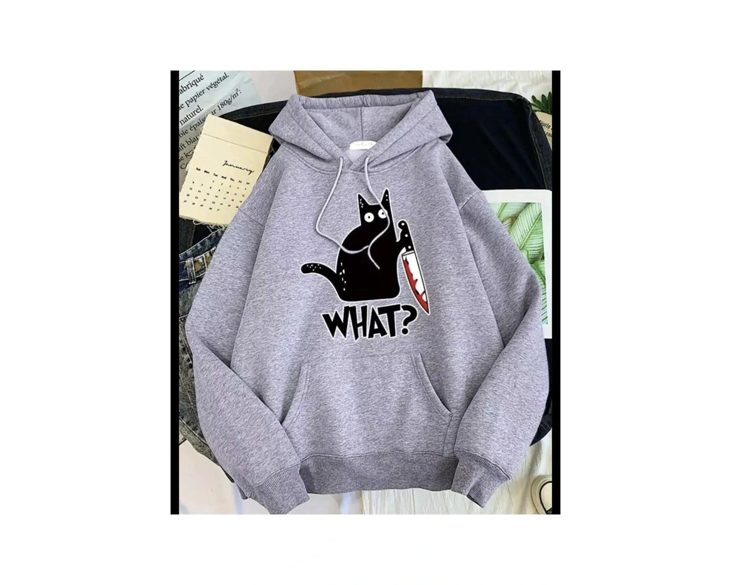 Özel Tasarım Kapüşonlu What ? Kedi Baskılı Tam Kışlık Süper Oversize Kadın Sweatshı Beyaz