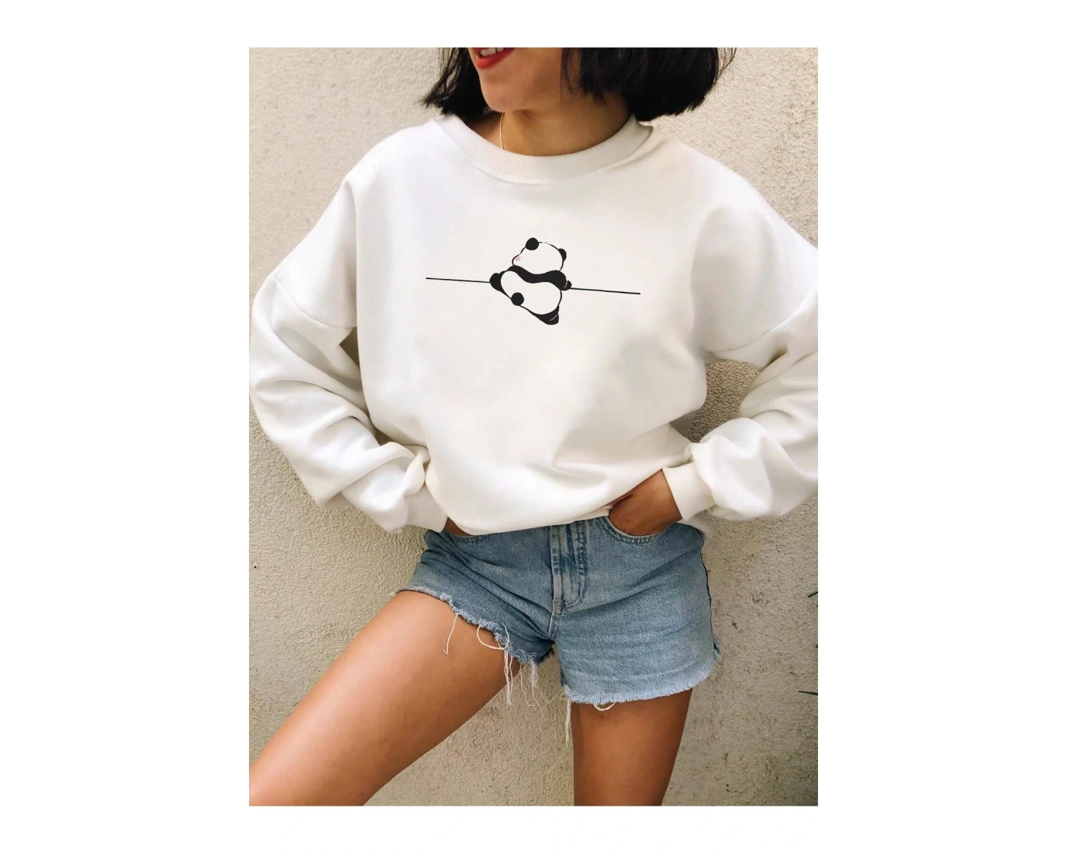Panda Print Drop Shoulder Sweatshirt Beyaz